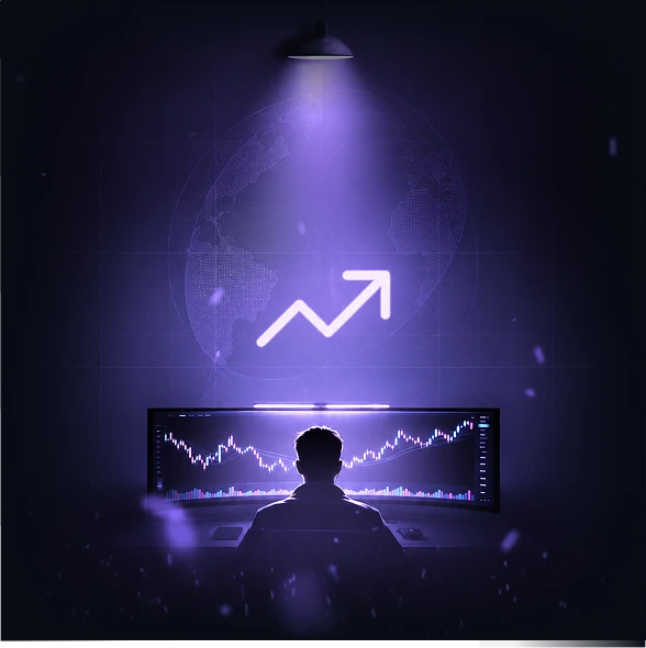 Trader silhouette analyzing market charts on multiple monitors